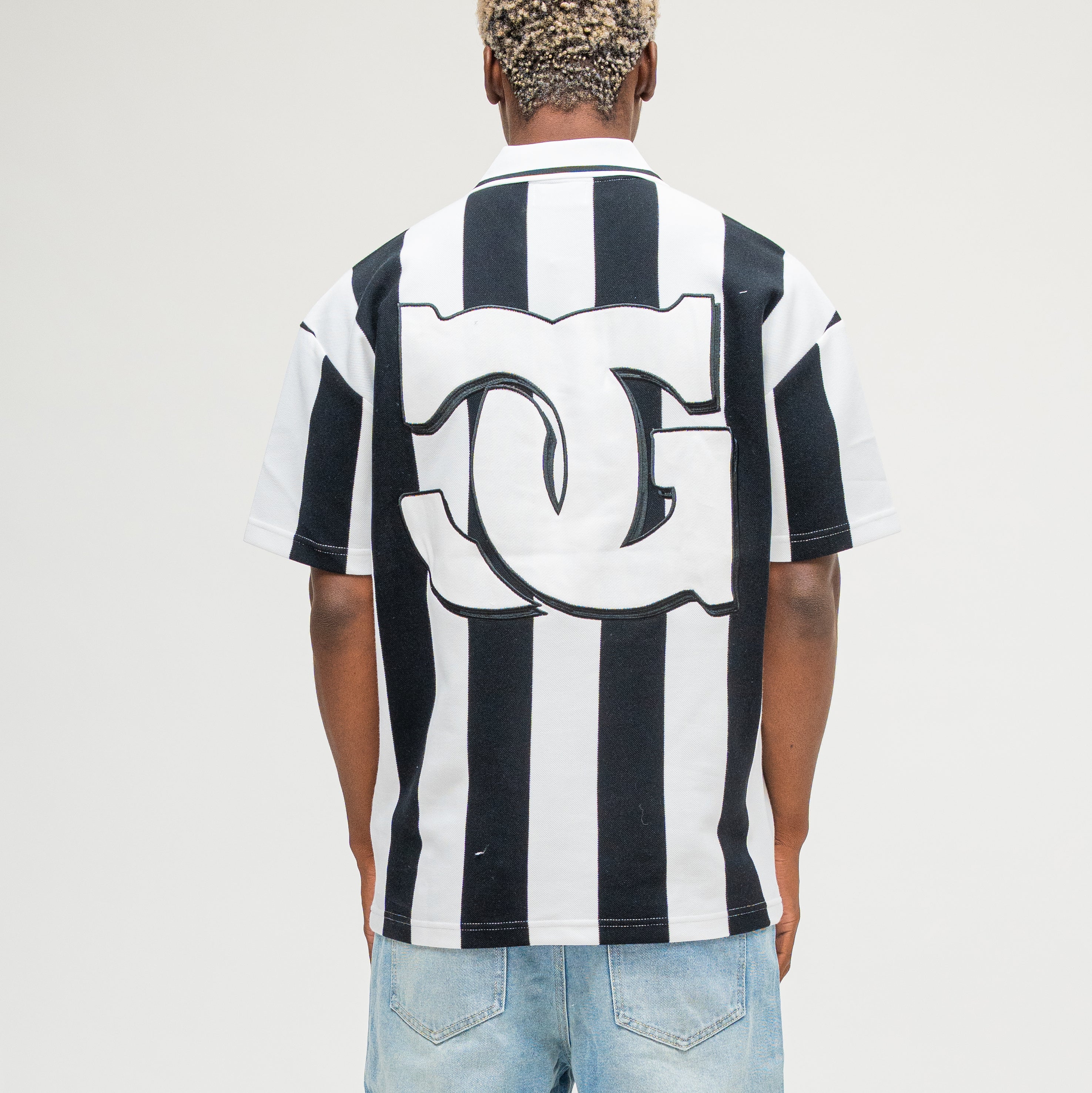 CAMPUS GOODS LA Striped SS Polo in Black, back view