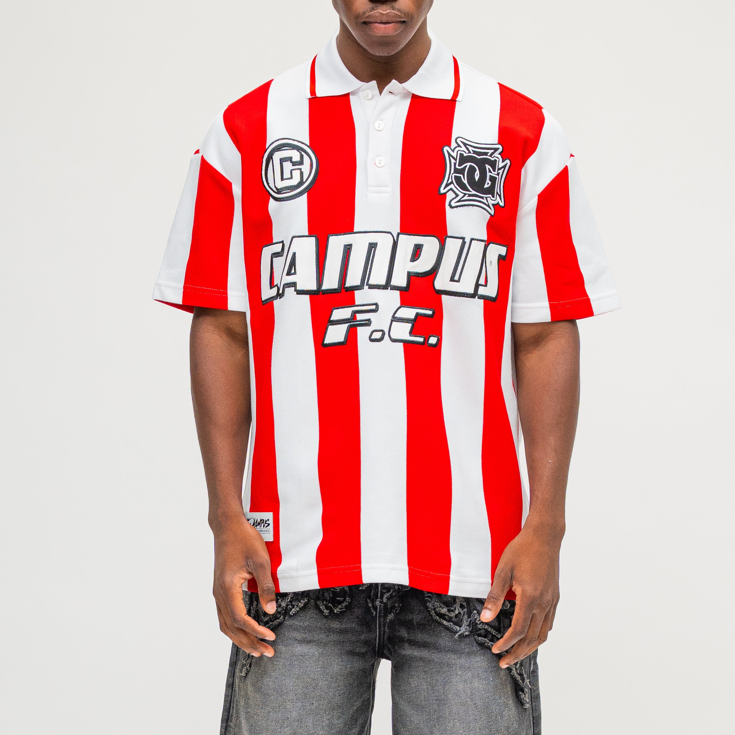 CAMPUS GOODS LA Striped SS Polo in Red, front view