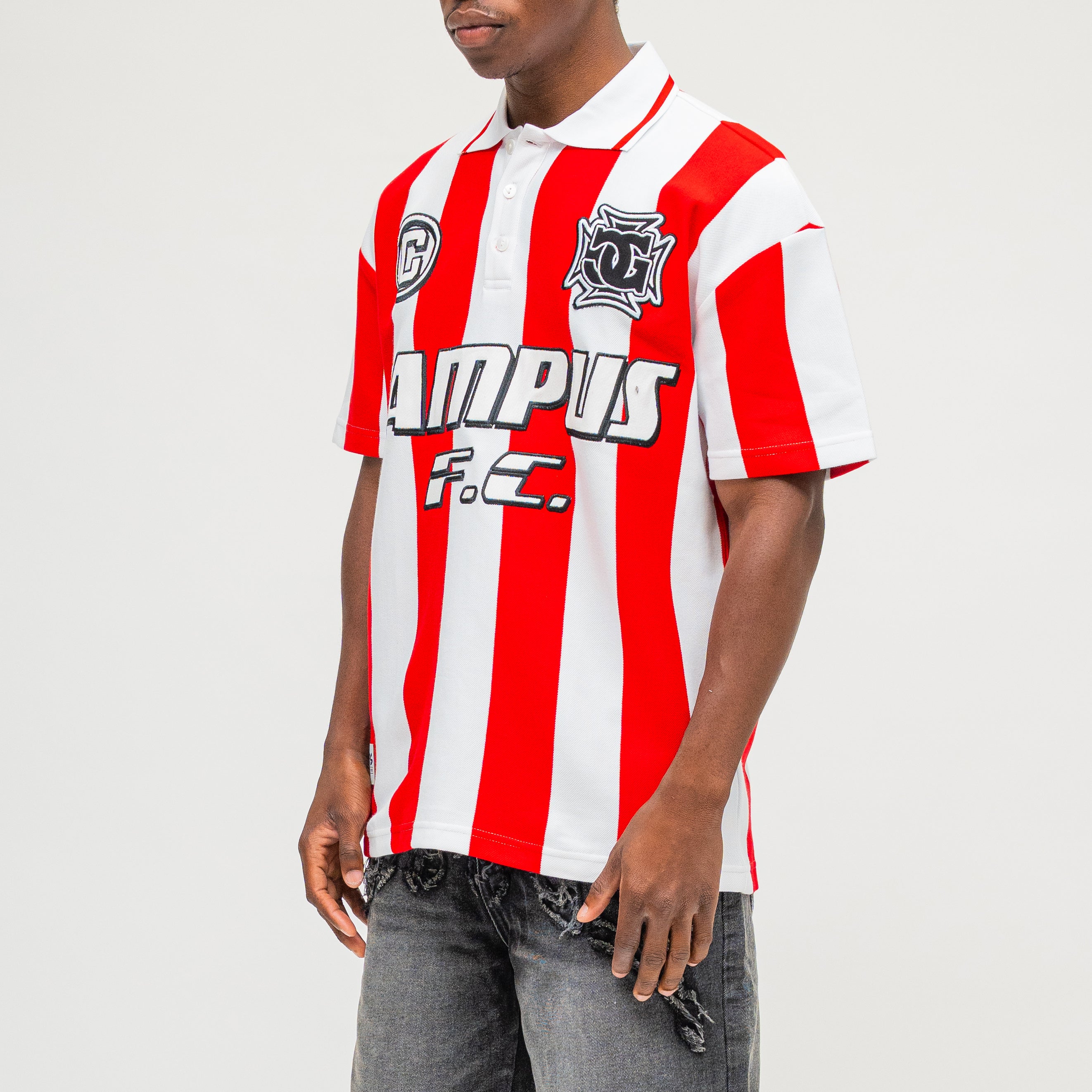 CAMPUS GOODS LA Striped SS Polo in Red, three-quarter front view