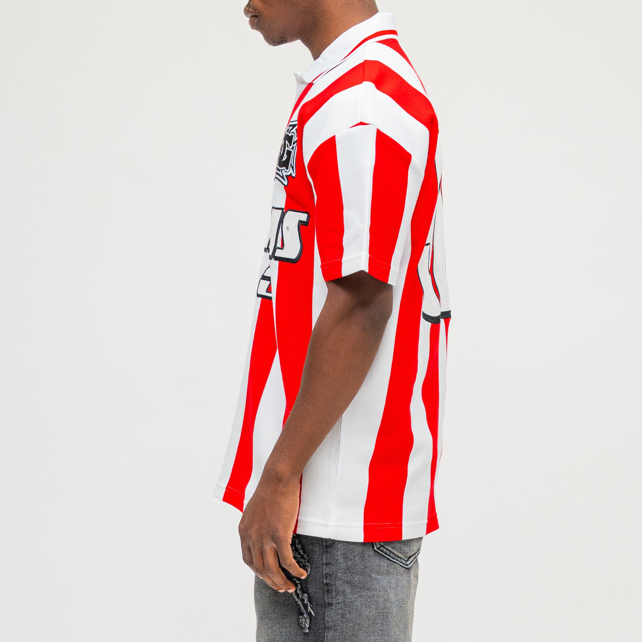 CAMPUS GOODS LA Striped SS Polo in Red, side view