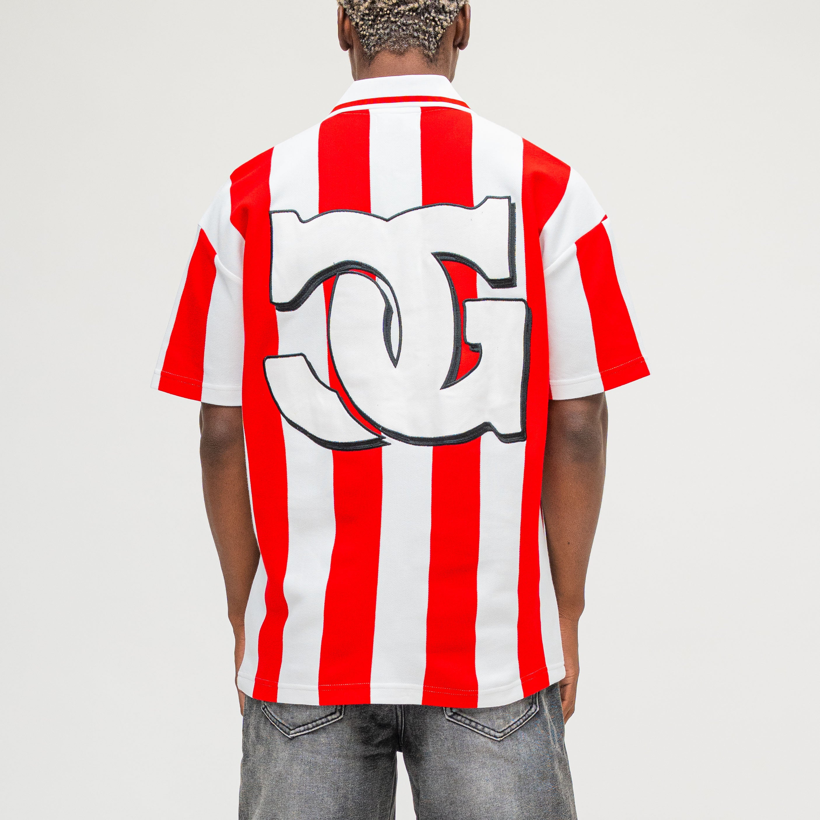 CAMPUS GOODS LA Striped SS Polo in Red, back view