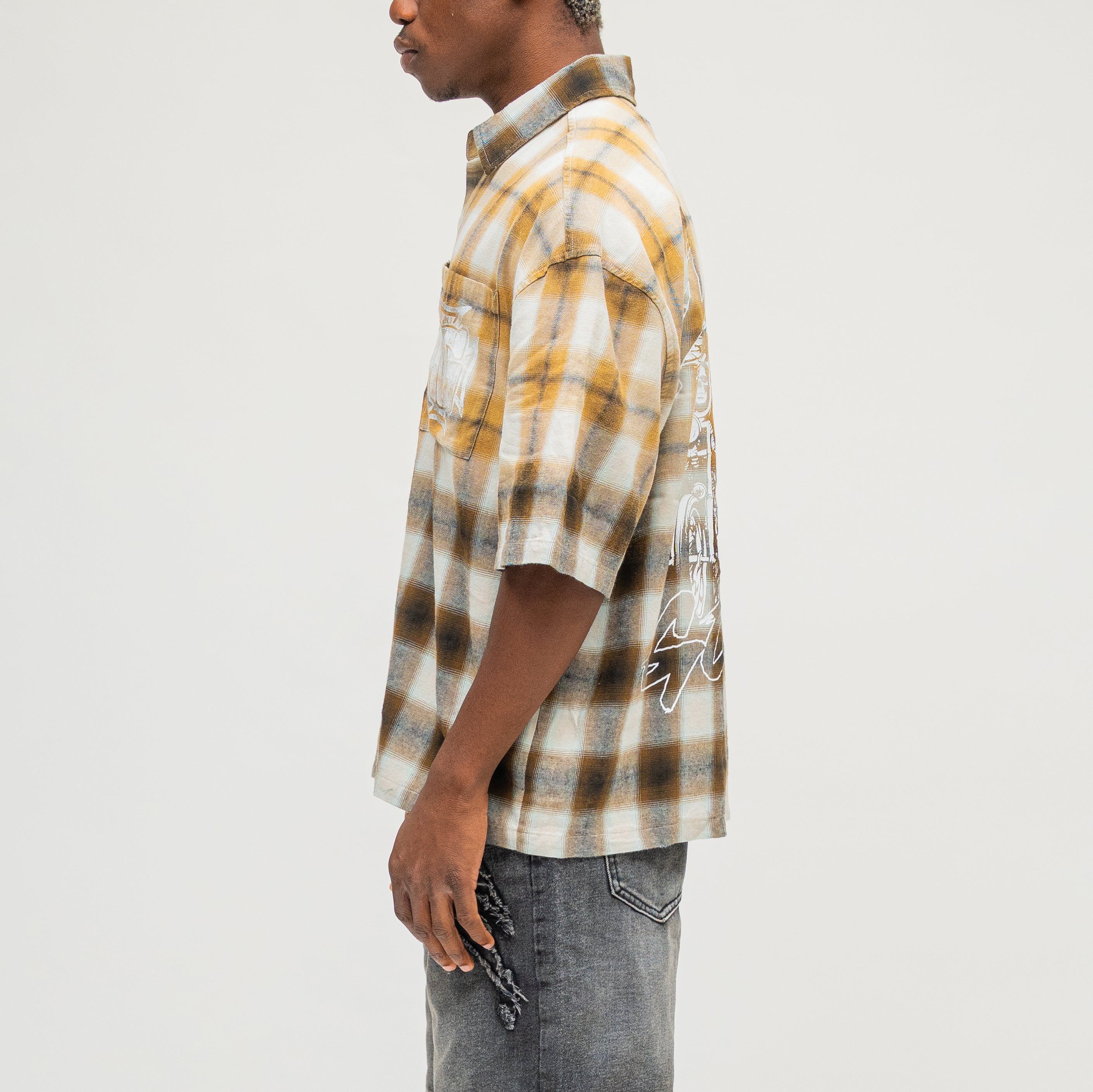 CAMPUS GOODS LA Sun Fade Flannel in Yellow, side view, back graphic detail