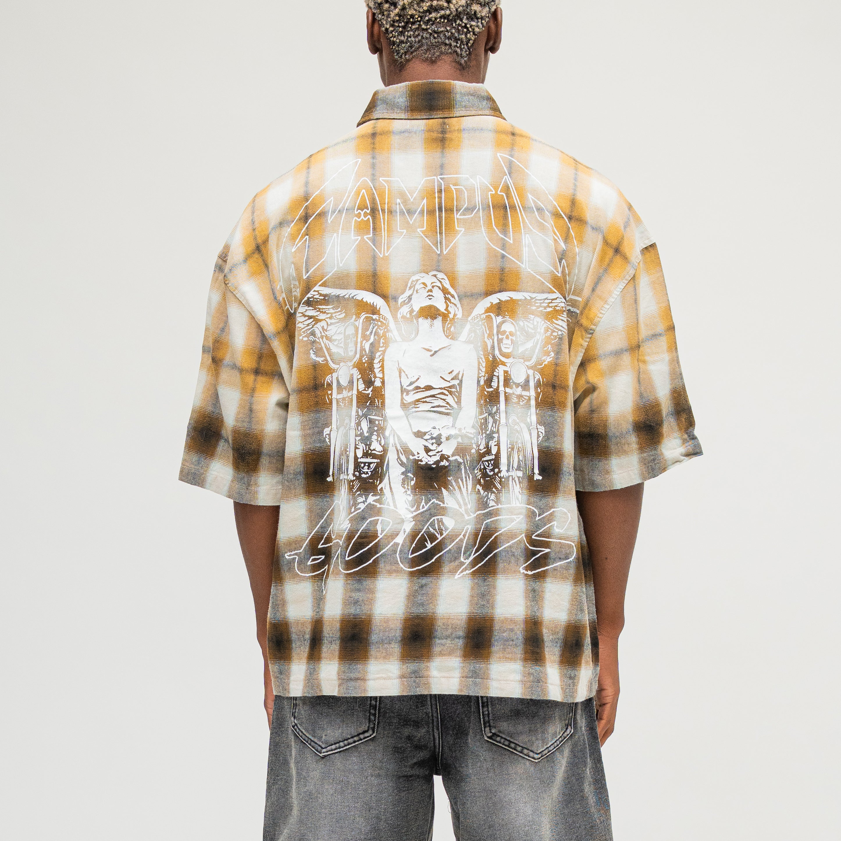 CAMPUS GOODS LA Sun Fade Flannel in Yellow, back view, CAMPUS GOODS angel graphic