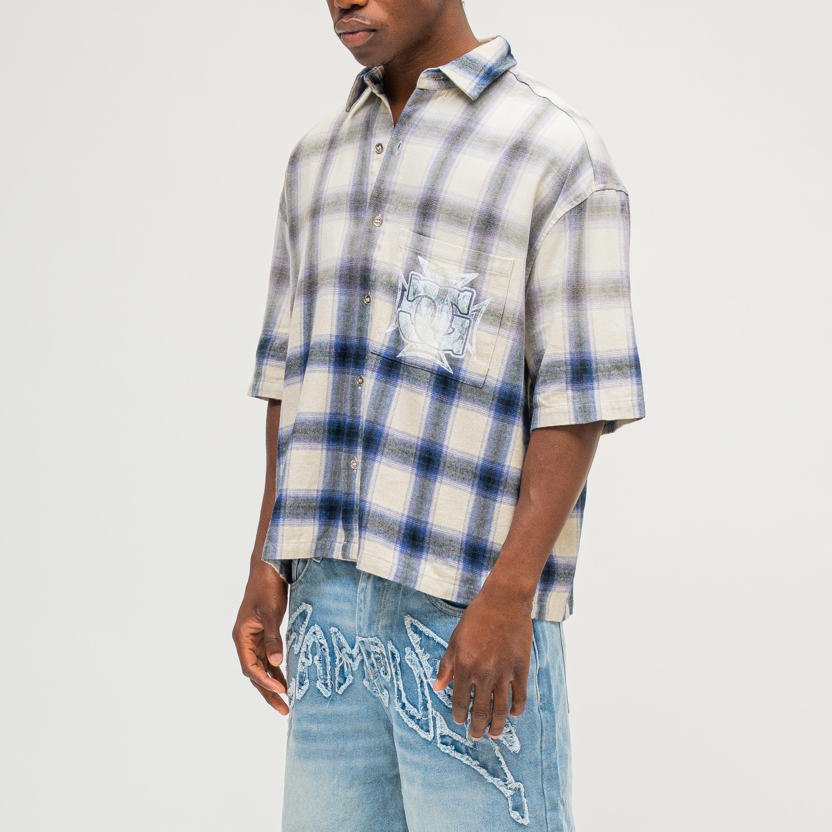 CAMPUS GOODS LA Sun Fade Flannel in Cream, three-quarter front view