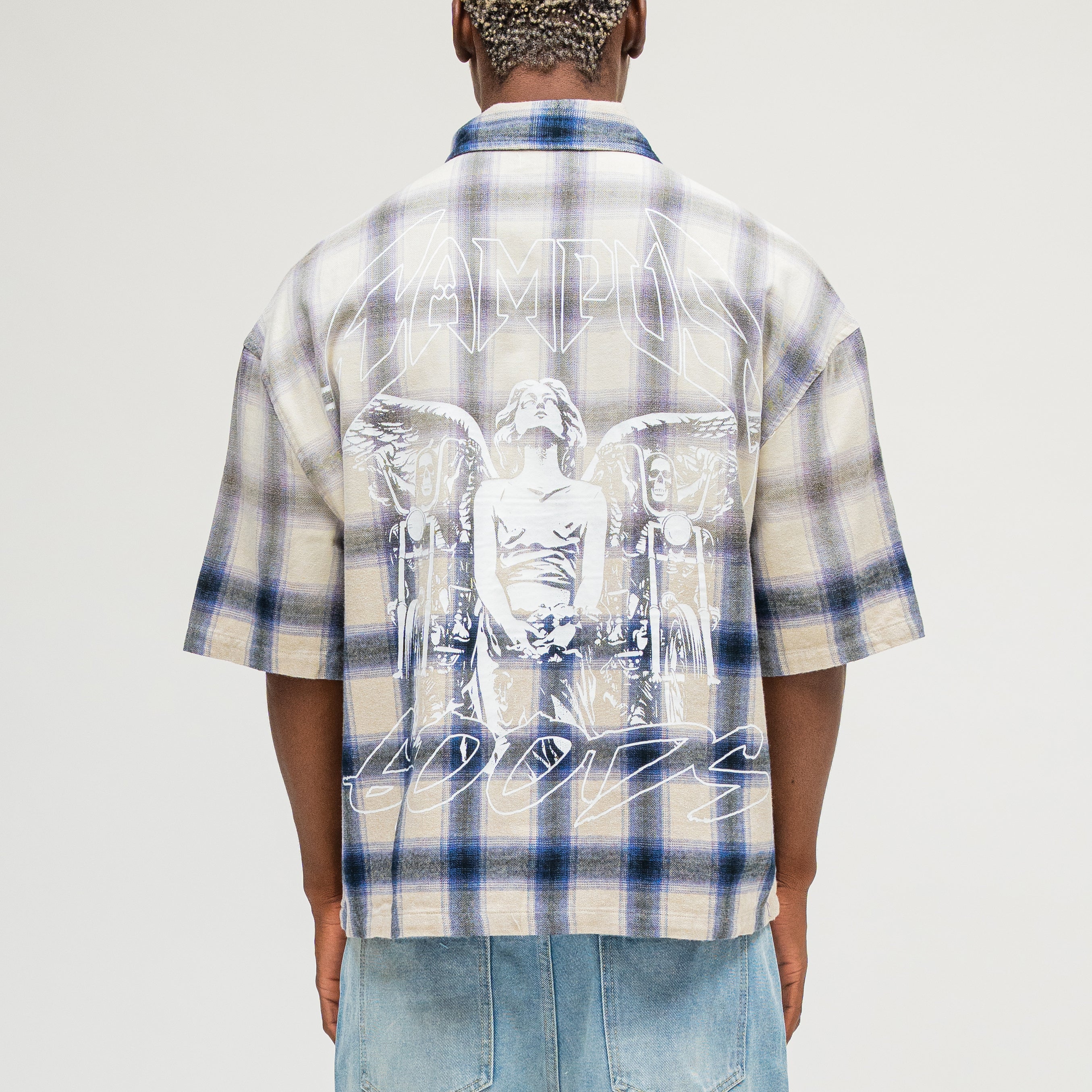 CAMPUS GOODS LA Sun Fade Flannel in Cream, back view, angel graphic