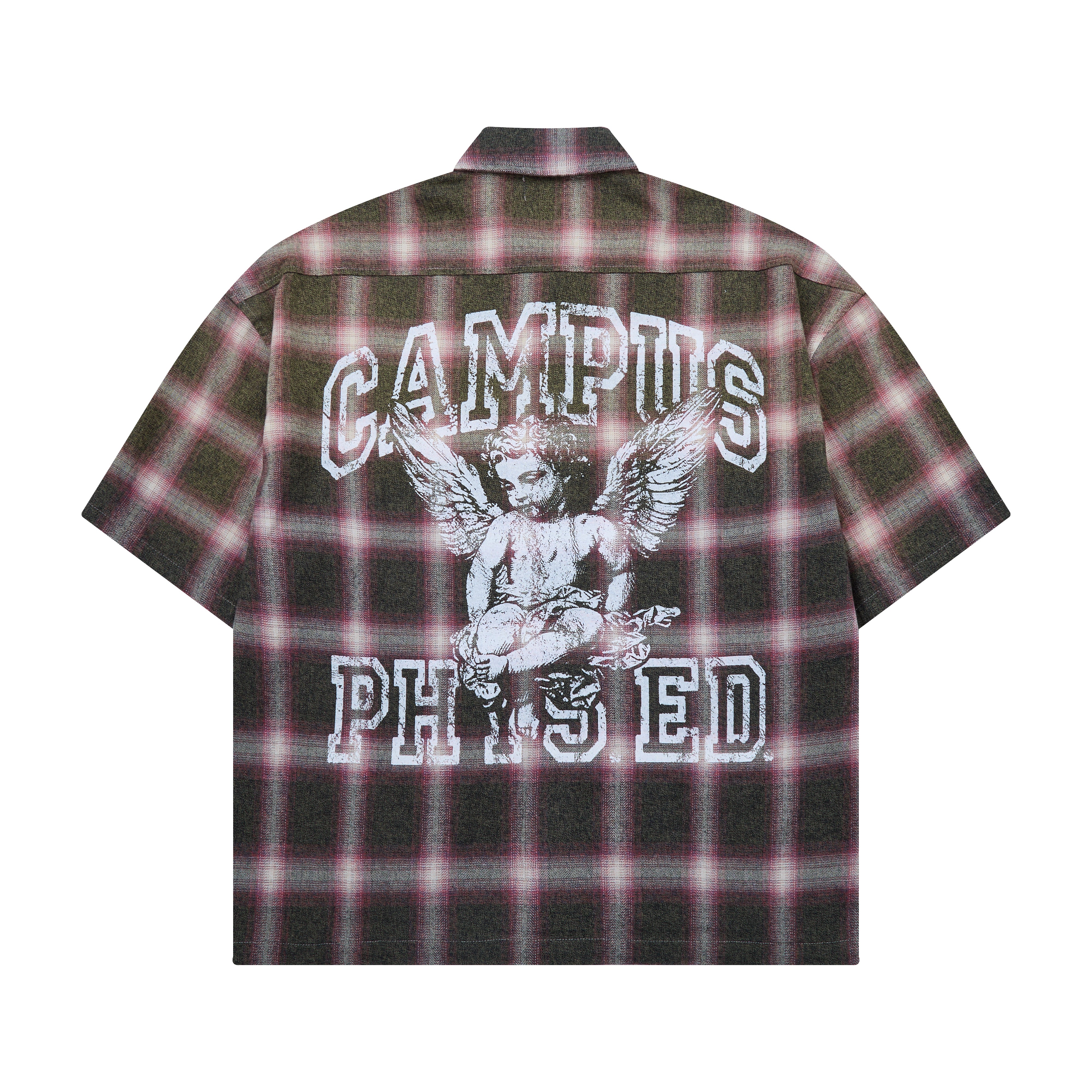 Plaid shirt with 'Campus Phys Ed' graphic design on a white background