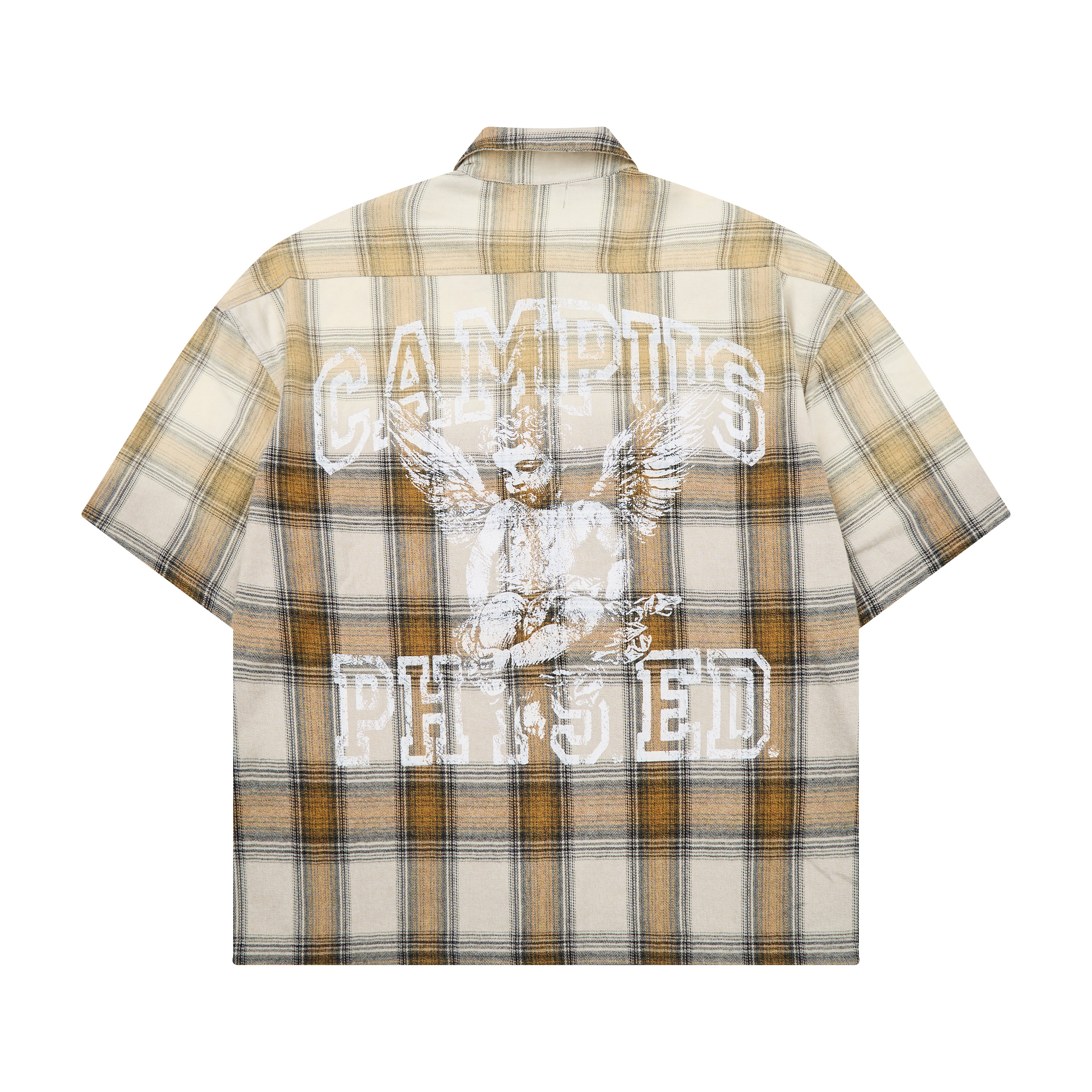 Plaid shirt with 'CAMPUS GOODS' text and logo on a white background